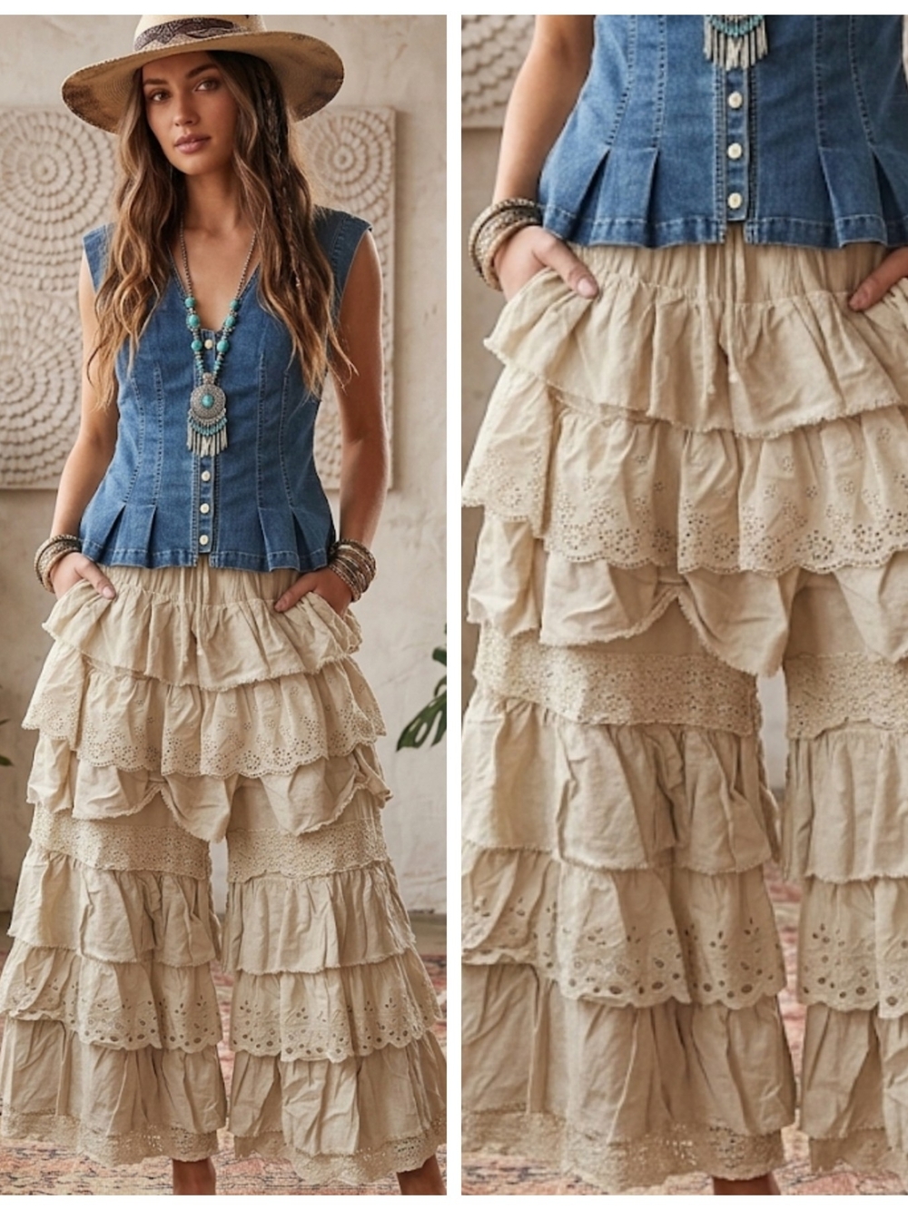 Boho Tiered Ruffle Eyelet Crochet Pants in Beige
